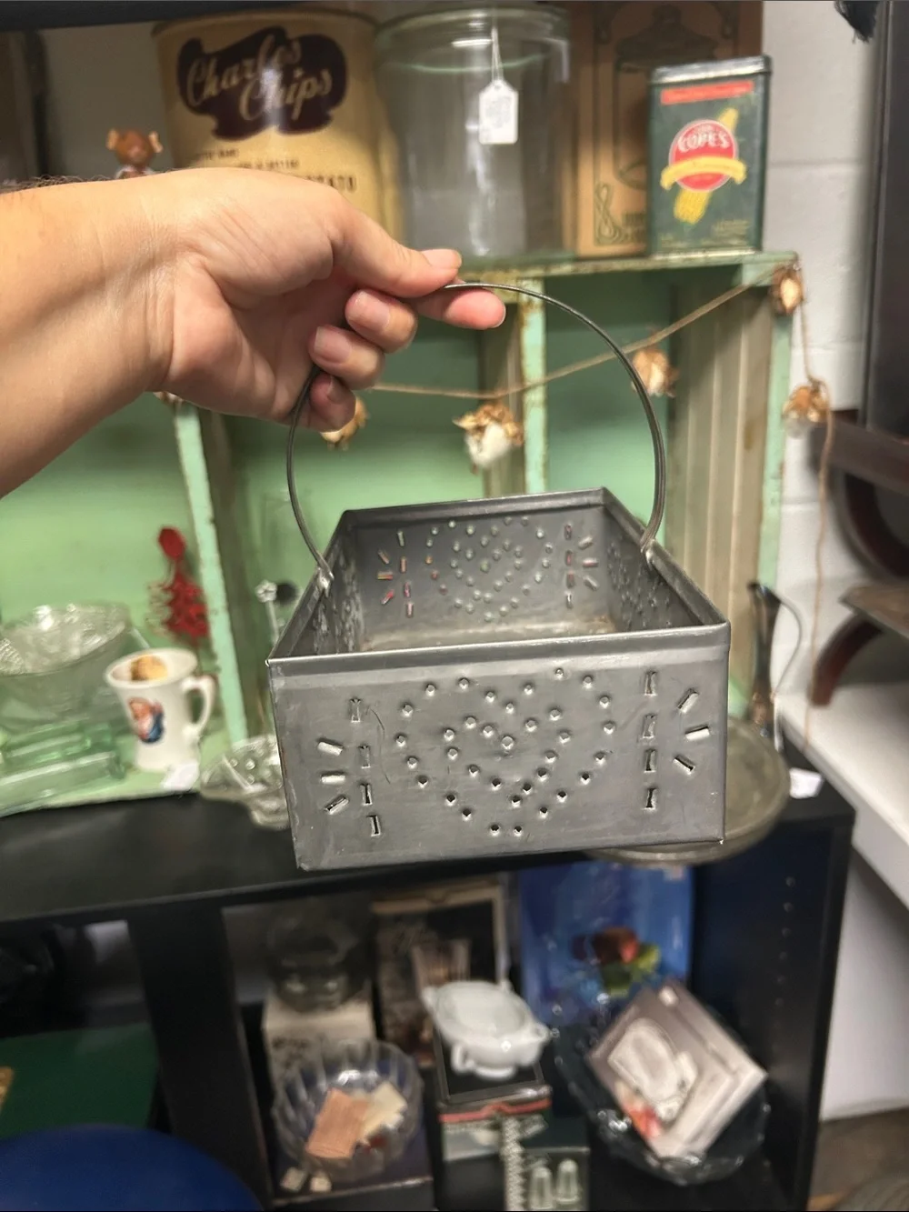 Vintage Gray Metal Perforated Heart Decorative Basket with Handle